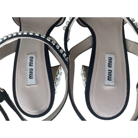 Miu Miu Black Suede Heels With Rhinestone Detail & Crystal Studded Block Heel Wo - Picture 6 of 10